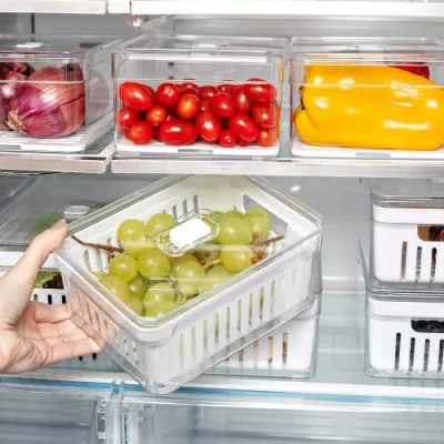 Ou Clear Stackable Fridge Organizer Bin With Drain Basket And Vented Lid, 4 Pack
