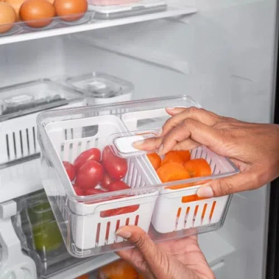 Ou Clear Stackable Fridge Organizer Bin With Drain Basket And Vented Lid, 4 Pack