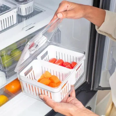Ou Clear Stackable Fridge Organizer Bin With Drain Basket And Vented Lid, 4 Pack