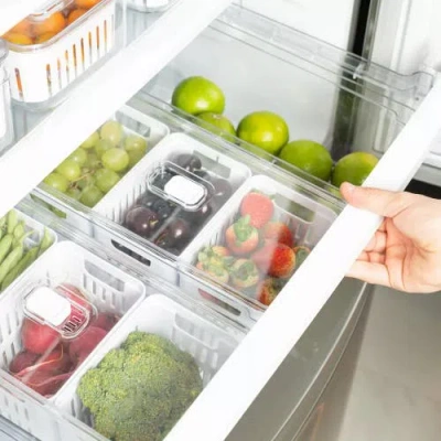 Ou Clear Stackable Fridge Organizer Bin With Drain Basket And Vented Lid, 4 Pack