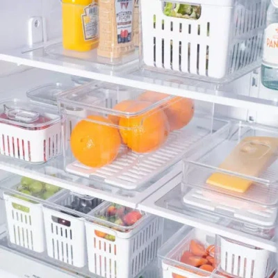 Ou Clear Stackable Fridge Organizer Bin With Drain Tray And Vented Lid, 4 Pack