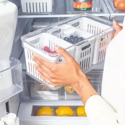Ou Clear Stackable Fridge Organizer Bin With Drain Basket And Vented Lid, 4 Pack