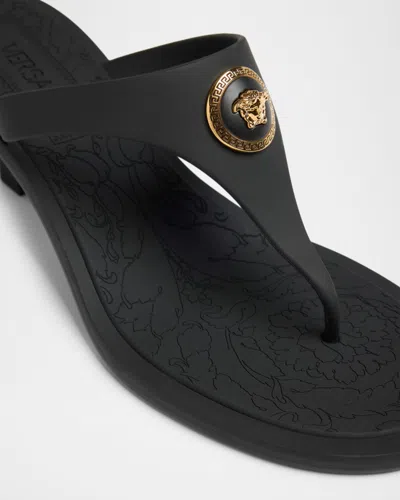 Versace Kitten Heel Thong Sandals With Medusa Detail In Black