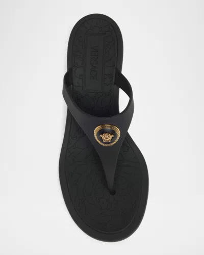 Versace Kitten Heel Thong Sandals With Medusa Detail In Black