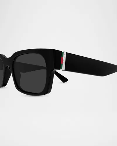 Gucci Men's Vertical Web 52mm Rectangular Sunglasses In Black