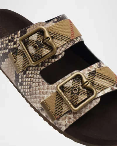 Burberry Urchin Python-printed Leather Dual Buckle Slide Sandals In Brown