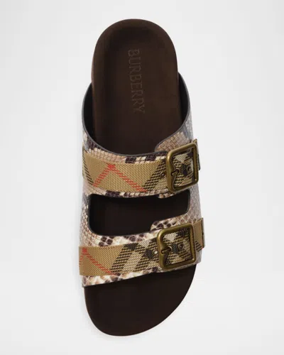 Burberry Urchin Python-printed Leather Dual Buckle Slide Sandals In Brown