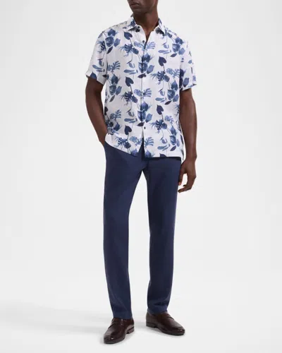 Bugatchi Orson Shaped Fit Leaf Print Short Sleeve Button-up Shirt In Blue