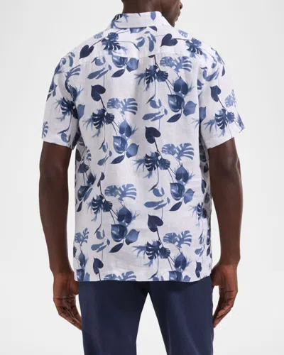 Bugatchi Orson Shaped Fit Leaf Print Short Sleeve Button-up Shirt In Blue