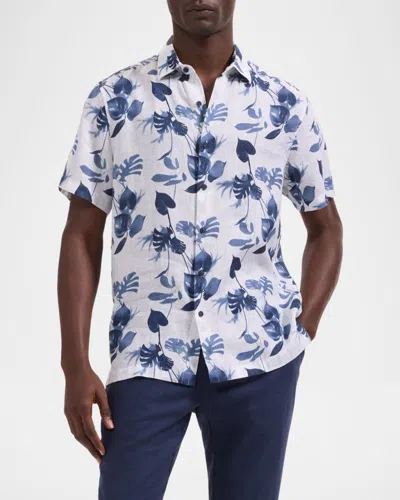Bugatchi Orson Shaped Fit Leaf Print Short Sleeve Button-up Shirt In Blue