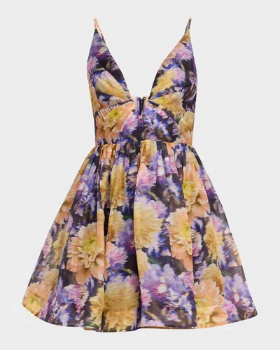 Zimmermann Luna Gathered Floral-print Linen And Silk-blend Mini Dress