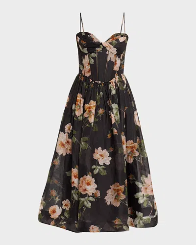 Zimmermann Luna Floral-print Linen And Silk-blend Midi Dress In Black