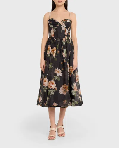 Zimmermann Luna Floral-print Linen And Silk-blend Midi Dress In Black