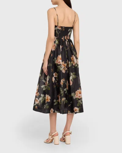 Zimmermann Luna Floral-print Linen And Silk-blend Midi Dress In Black
