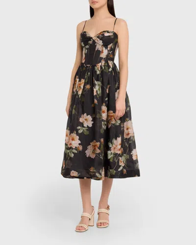 Zimmermann Luna Floral-print Linen And Silk-blend Midi Dress In Black