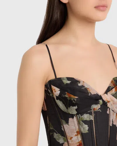 Zimmermann Luna Floral-print Linen And Silk-blend Midi Dress In Black