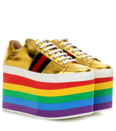 Gucci Metallic Leather Platform Trainers In Multicolor