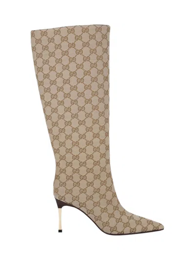 Gucci Knee Length Stiletto Heel Pointed Toe Boots In Brown