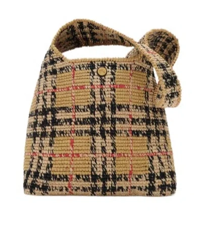 Burberry Womens Sand Small Margate Check Raffia Hobo Bag In Brown