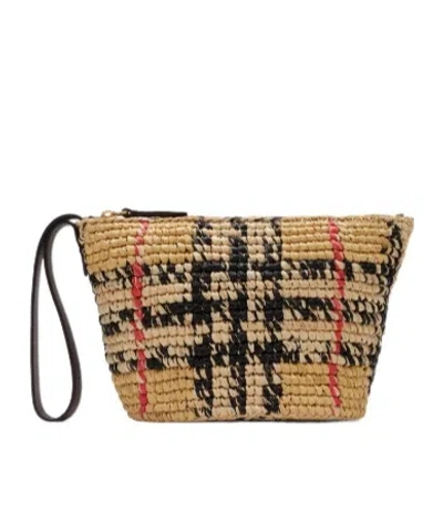 Burberry Margate Leather-trimmed Woven Raffia Clutch Bag In Brown