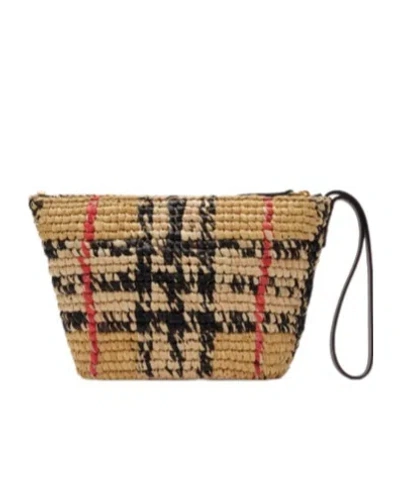 Burberry Margate Leather-trimmed Woven Raffia Clutch Bag In Brown