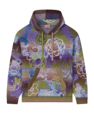 Kenzo Hooded Wool Blend Top Abstract Pattern In Multi