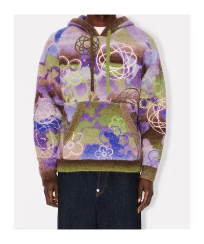 Kenzo Hooded Wool Blend Top Abstract Pattern In Multi