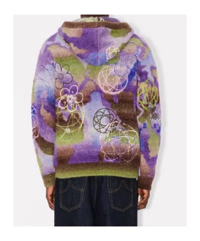 Kenzo Hooded Wool Blend Top Abstract Pattern In Multi