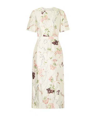 Erdem Floral Print Textured Satin Midi Pencil Dress In Neutral