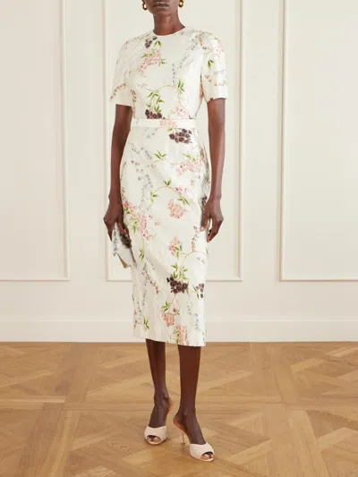 Erdem Floral Print Textured Satin Midi Pencil Dress In Neutral