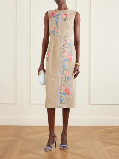 Erdem Embroidered Linen-canvas Midi Dress In Brown