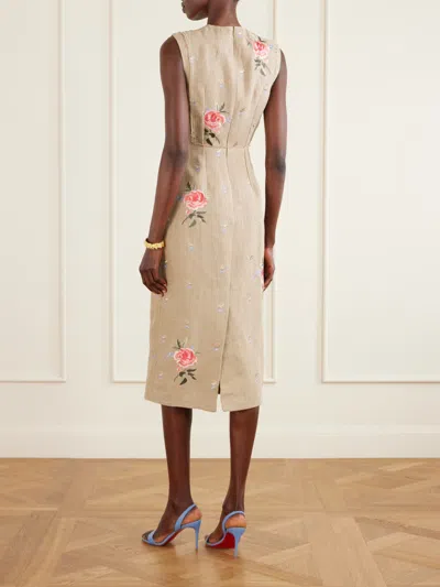 Erdem Embroidered Linen-canvas Midi Dress In Brown
