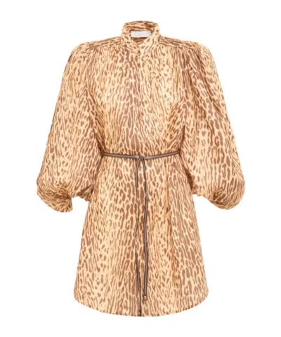 Zimmermann Cascadian Leopard Print Long Sleeve Tunic Dress In Brown