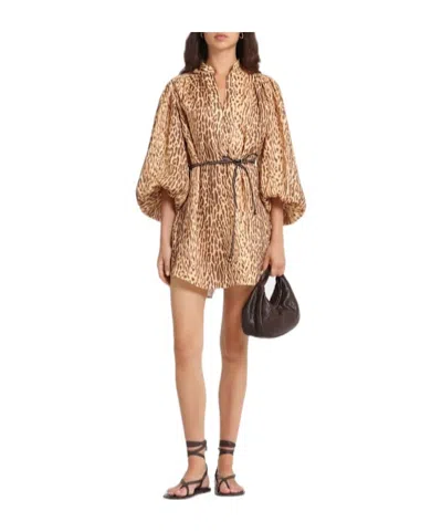 Zimmermann Cascadian Leopard Print Long Sleeve Tunic Dress In Brown