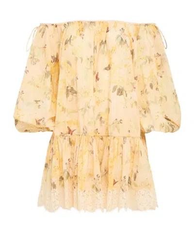 Zimmermann Cascadian Off-the-shoulder Lace-trimmed Printed Cotton-voile Mini Dress In Brown