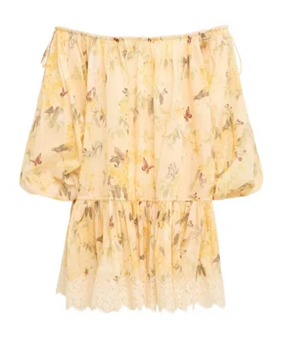 Zimmermann Cascadian Off-the-shoulder Lace-trimmed Printed Cotton-voile Mini Dress In Brown
