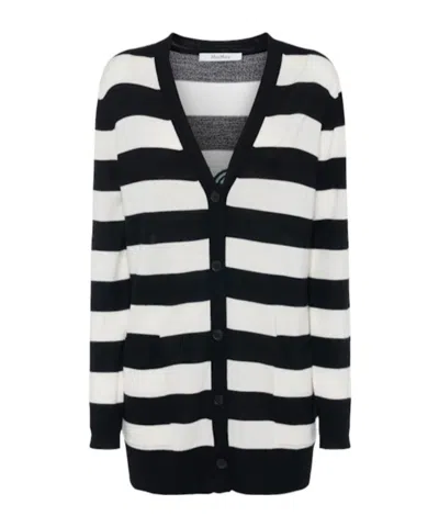 Max Mara Striped Wool Cardigan With V-neck And Flock Motif In Black