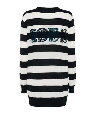 Max Mara Striped Wool Cardigan With V-neck And Flock Motif In Black