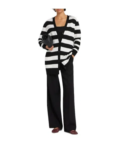 Max Mara Striped Wool Cardigan With V-neck And Flock Motif In Black