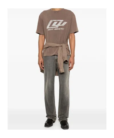 Off-white Logo Printed Crewneck T-shirt In Brown