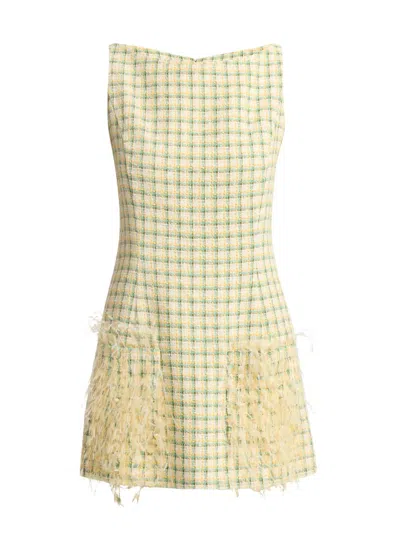 Oscar De La Renta Sequin-embellished Feather-trimmed Checked Cotton-blend Tweed Mini Dress In Yellow
