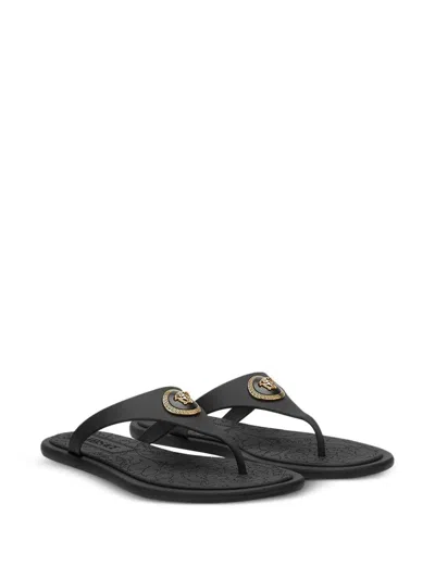 Versace Flat Sole Open Toe Sandals With Medusa Motif In Black