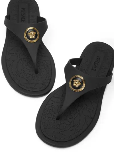 Versace Flat Sole Open Toe Sandals With Medusa Motif In Black