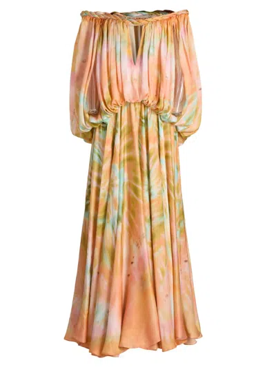 Zimmermann Luna Twist Off-the-shoulder Cutout Gathered Printed Silk-satin Maxi Dress In Brown