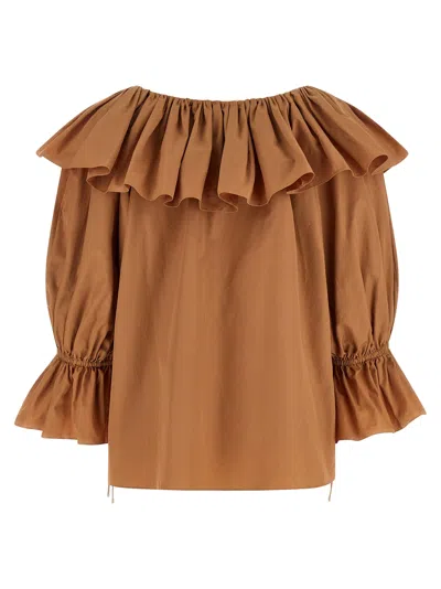 Chloé Ruffled Cotton Blouse With Drawstring Cuffs For Women In Brown