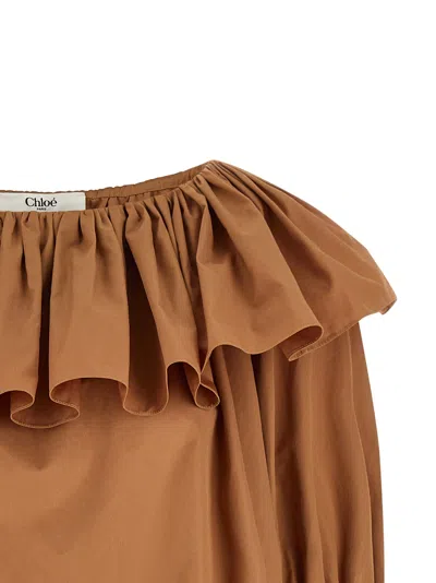 Chloé Ruffled Cotton Blouse With Drawstring Cuffs For Women In Brown