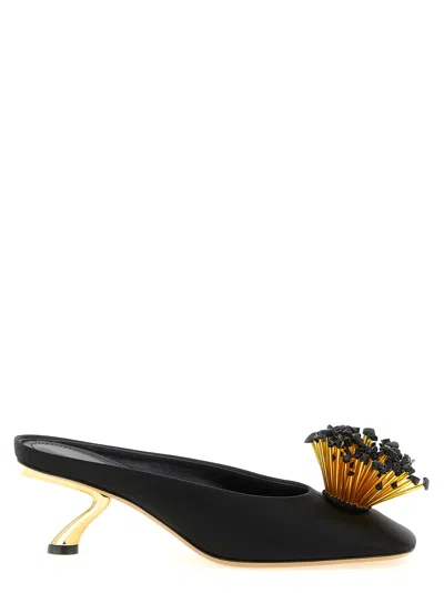 Ferragamo Black Sandals With Low Heel And Crystal Embellishment On The Front In Fabric Woman