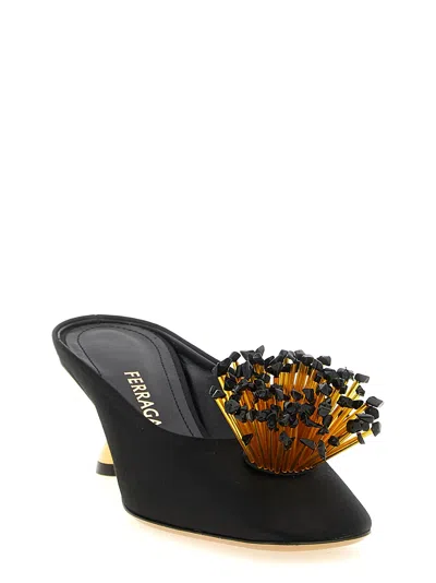 Ferragamo Black Sandals With Low Heel And Crystal Embellishment On The Front In Fabric Woman