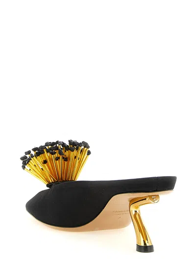 Ferragamo Black Sandals With Low Heel And Crystal Embellishment On The Front In Fabric Woman