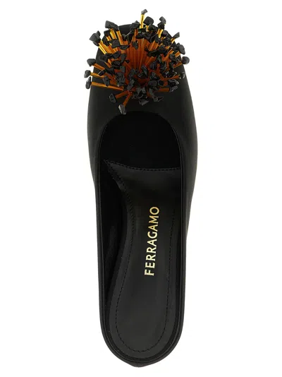 Ferragamo Black Sandals With Low Heel And Crystal Embellishment On The Front In Fabric Woman